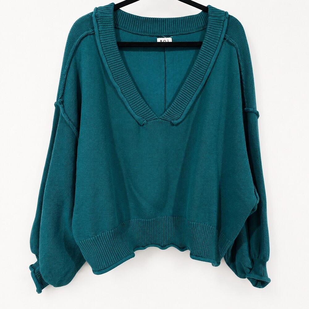 POL Women’s Medium Teal Cotton V-Neck Sweater Balloon Sleeve Oversized Crop Boho